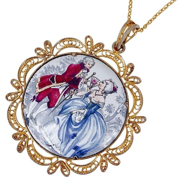 VTG 1950s Pendant Necklace Filigree Enamel French Rococo Style Prong Set MCM - Picture 1 of 13